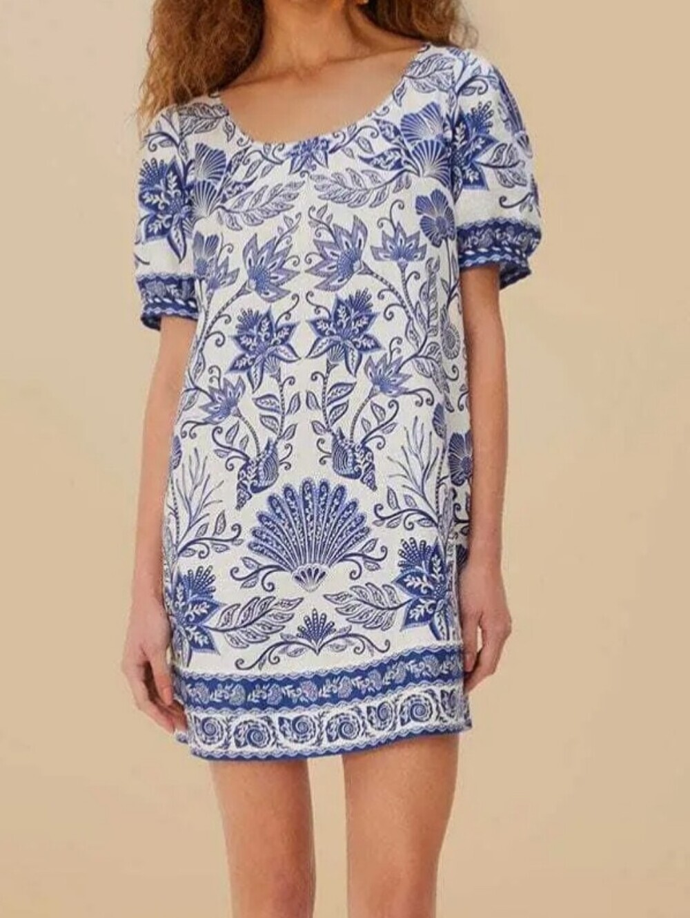 FARM Rio Shell Garden Off White and Blue Floral-Print Mini Dress Organic Linen